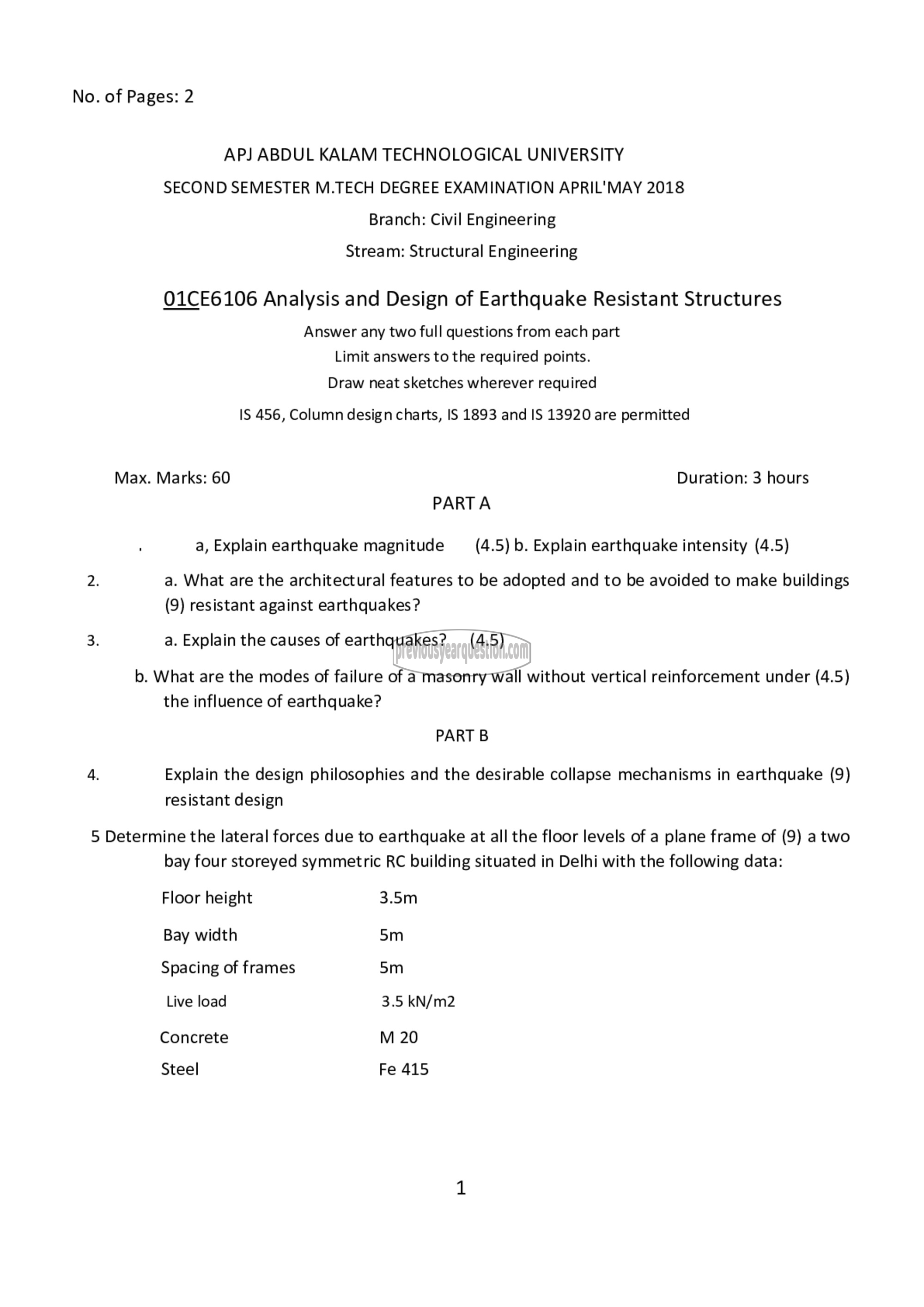 Question Paper - Analysis and Design of Earthquake Resistant Structures-1