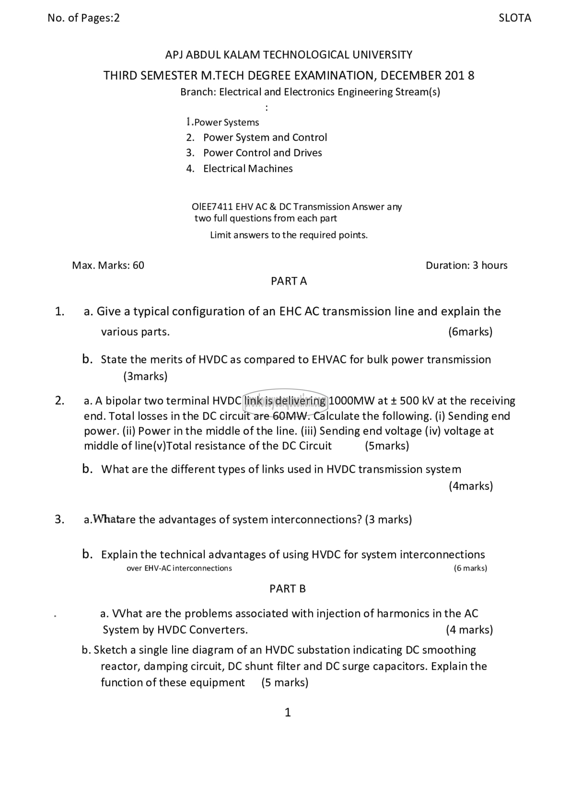 Question Paper - EHVAC and DC Transmission-1