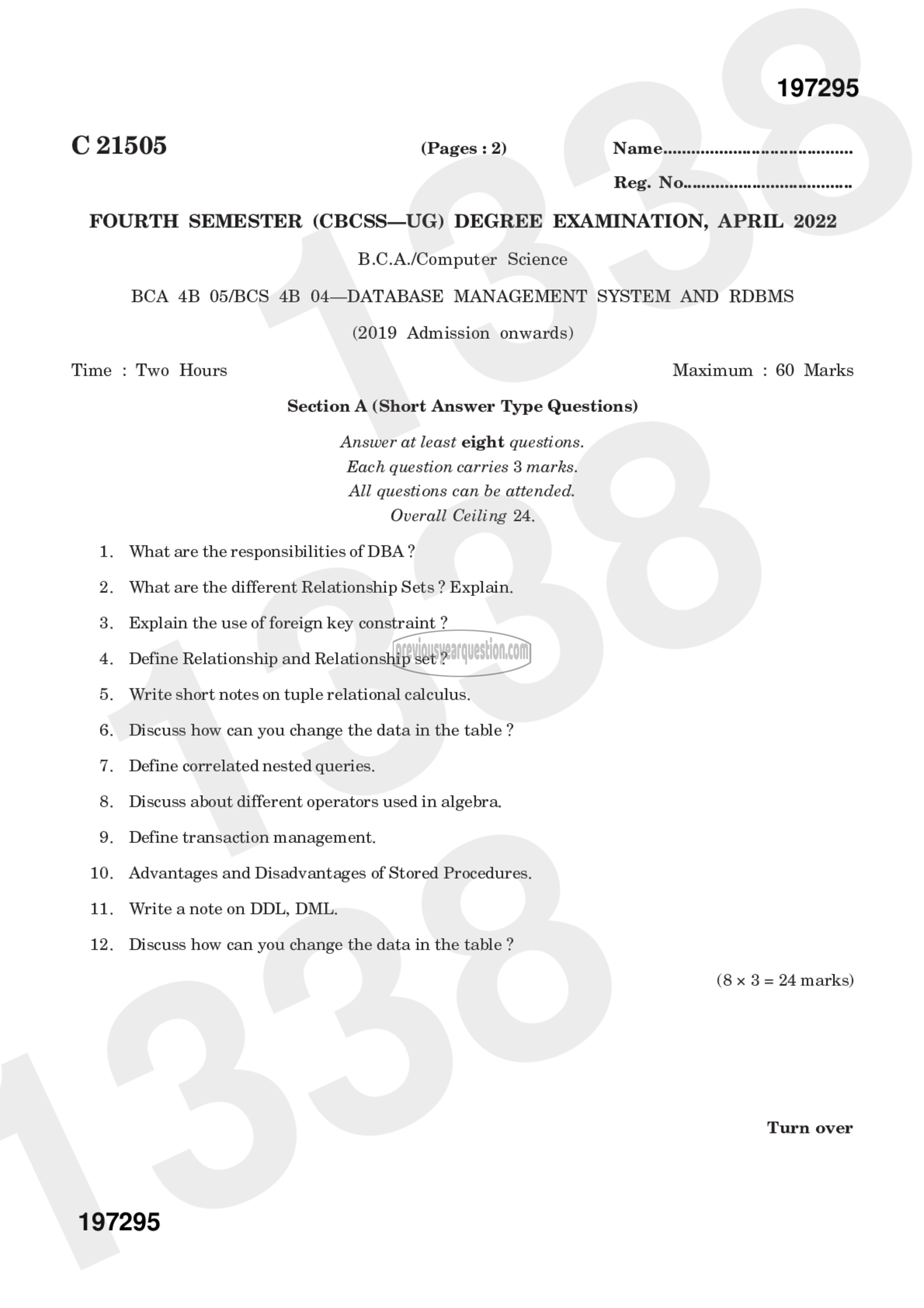 Question Paper - Database Management System and RDBMS-1