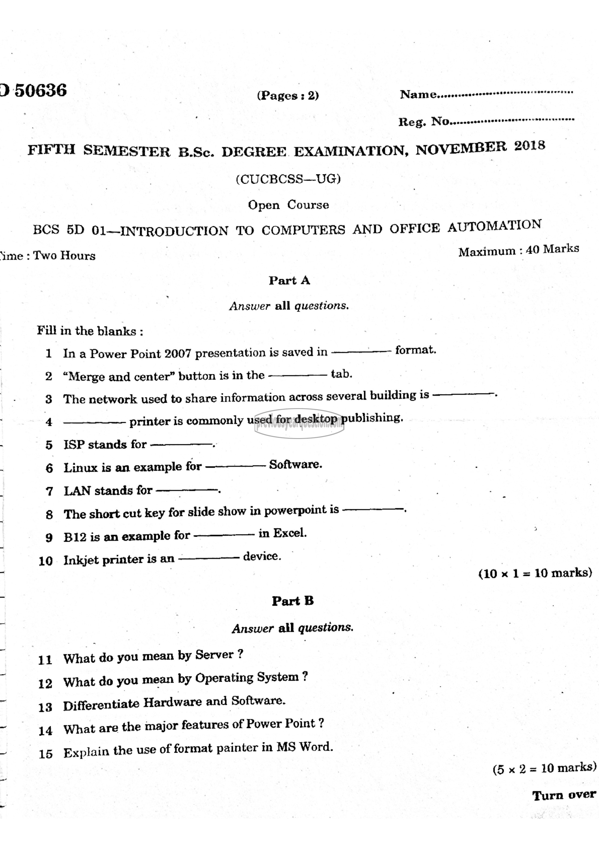 Question Paper - Introduction to Computers and Office Automation-1