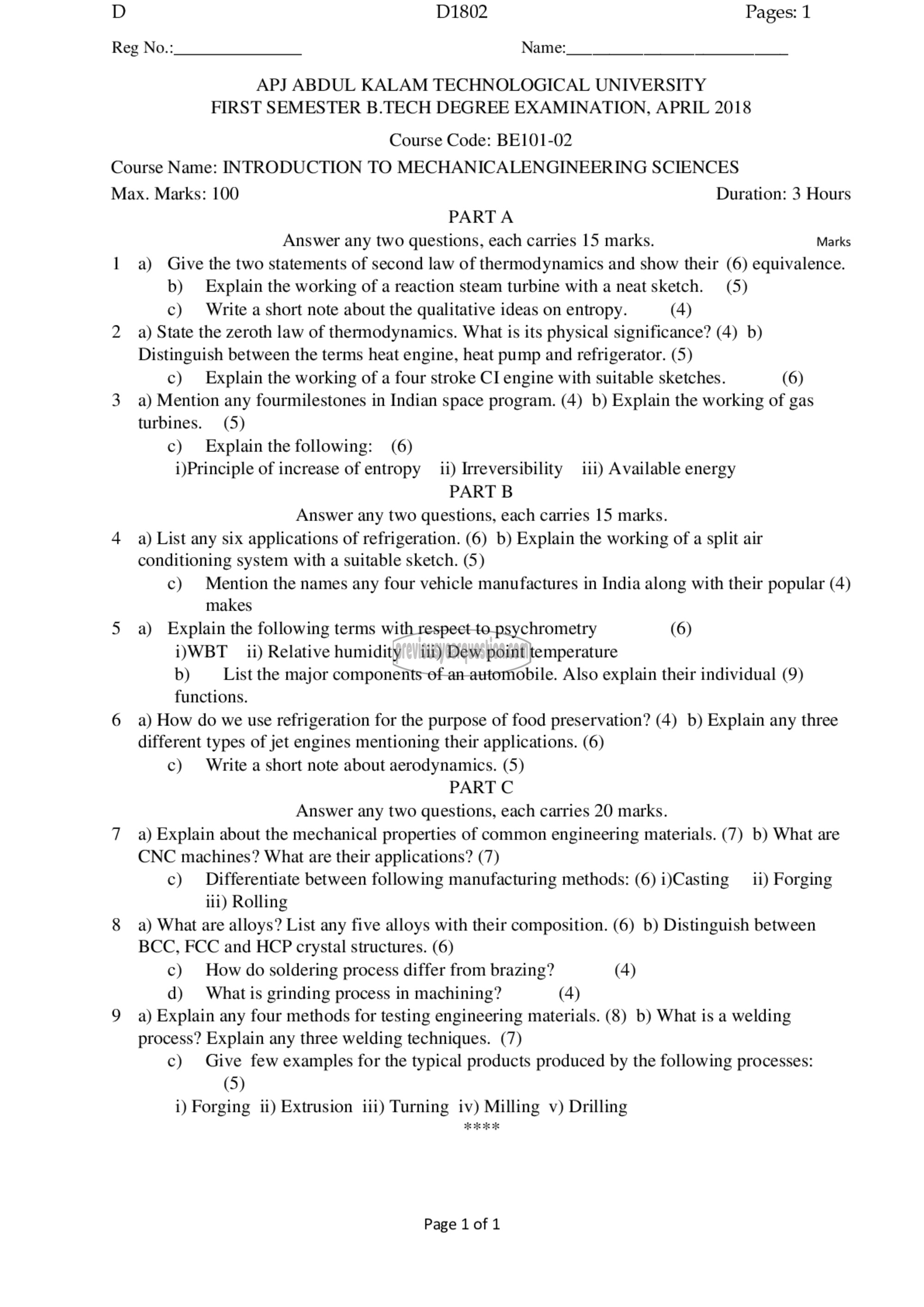 Question Paper - INTRODUCTION TO MECHANICAL ENGINEERING SCIENCES-1
