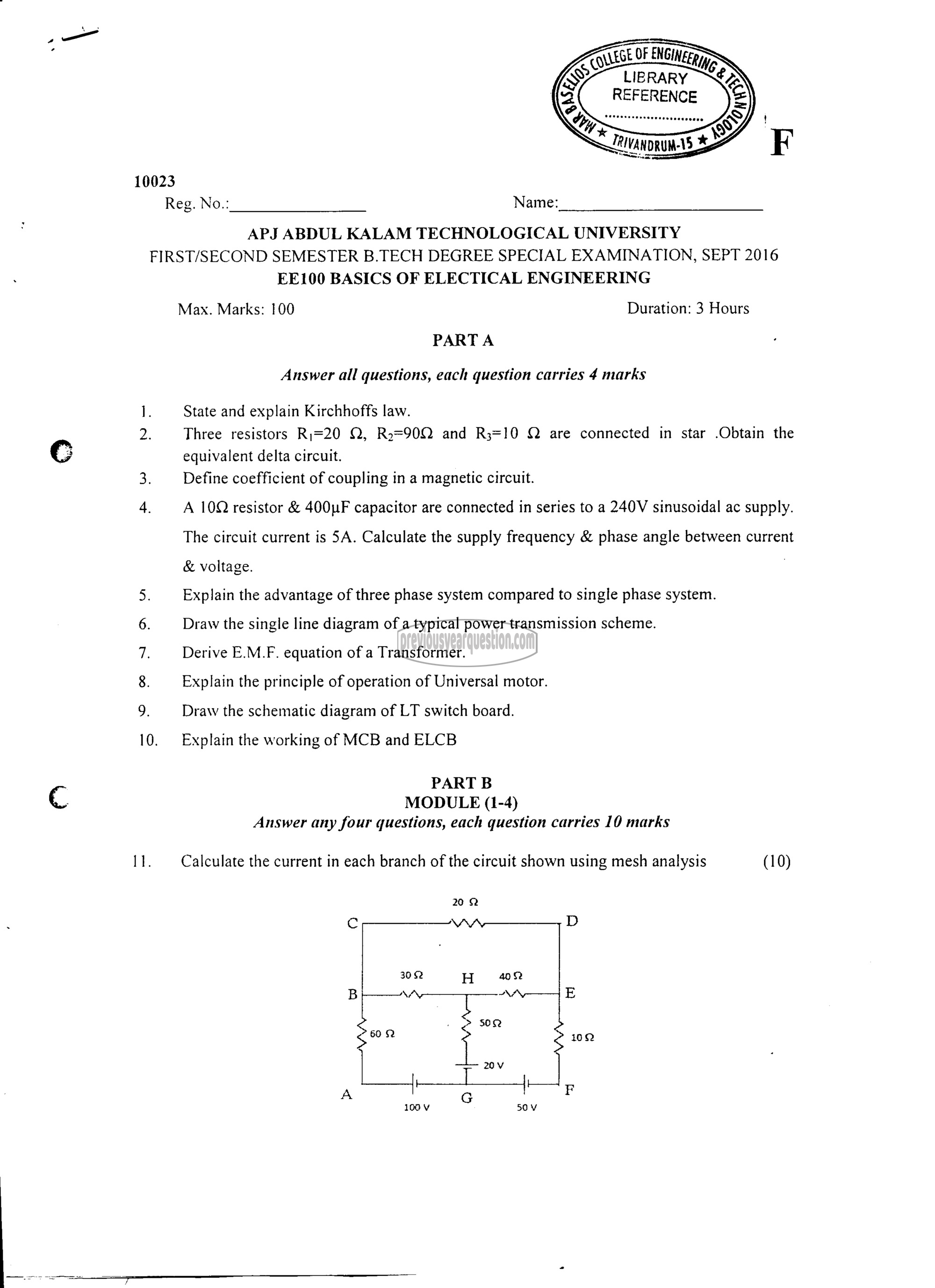 Question Paper - BASICS OF ELECTRICAL ENGINEERING-1