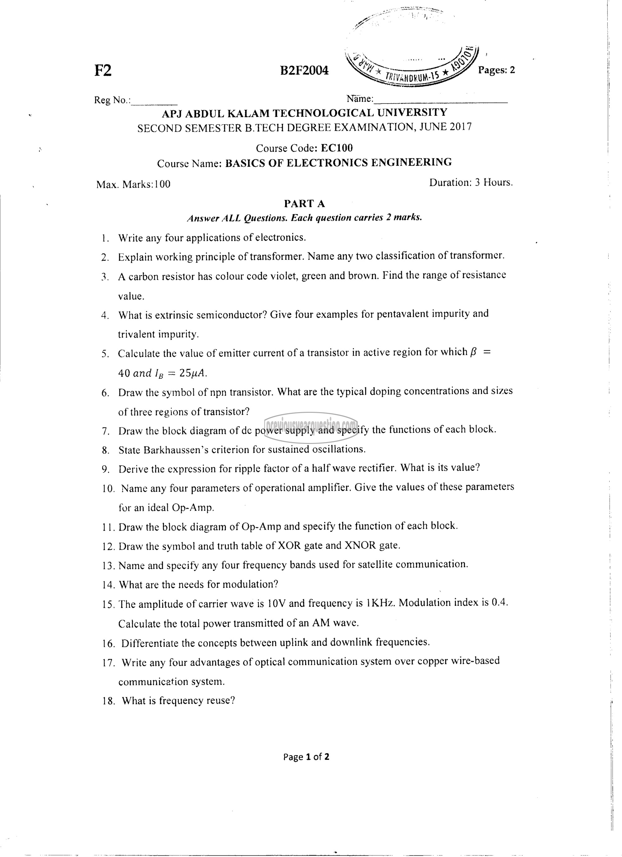 Question Paper - BASICS OF ELECTRONICS ENGINEERING-1