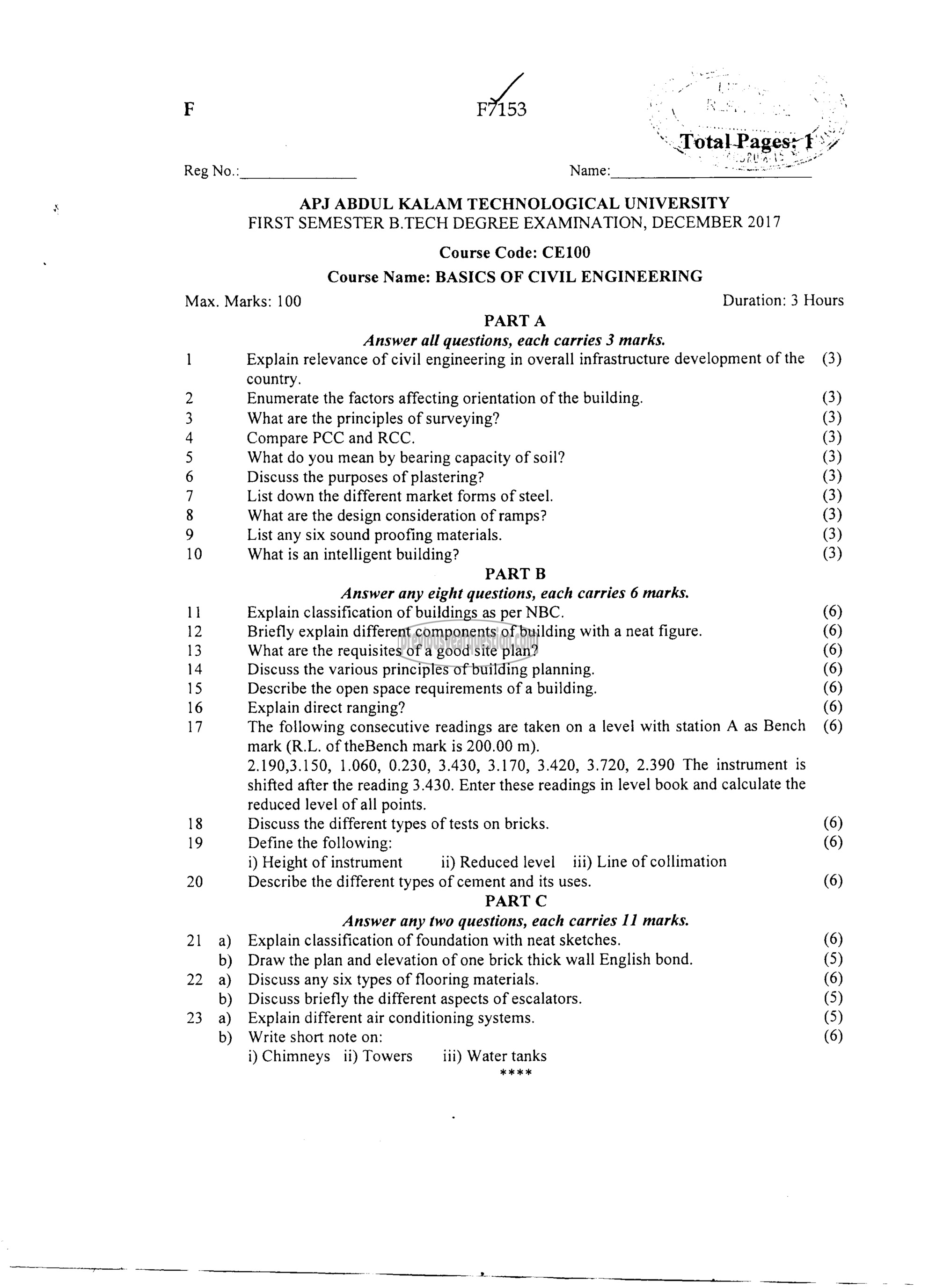 Question Paper - BASICS OF CIVIL ENGINEERING-1