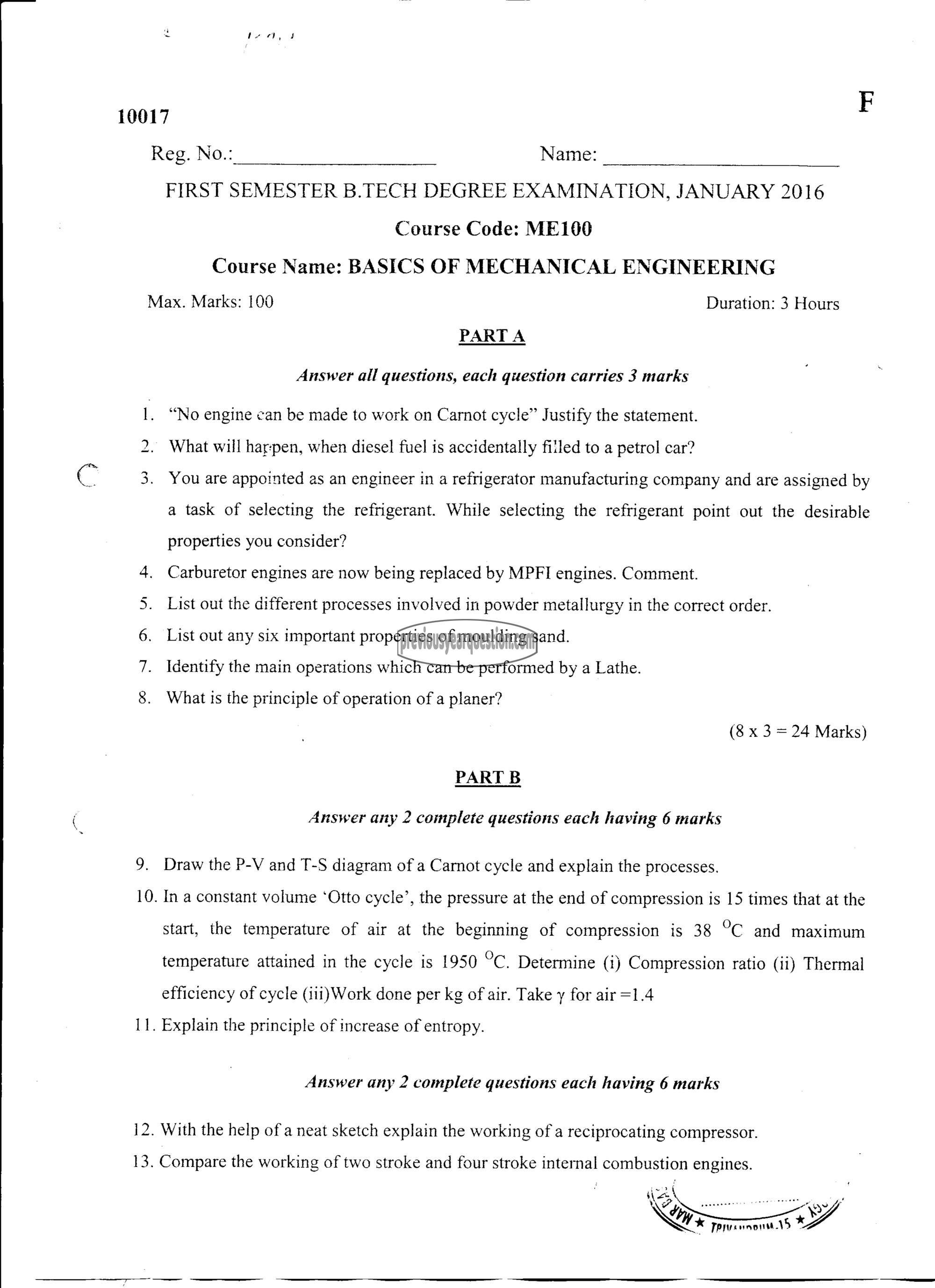 Question Paper - BASICS OF MECHANICAL ENGINEERING-1