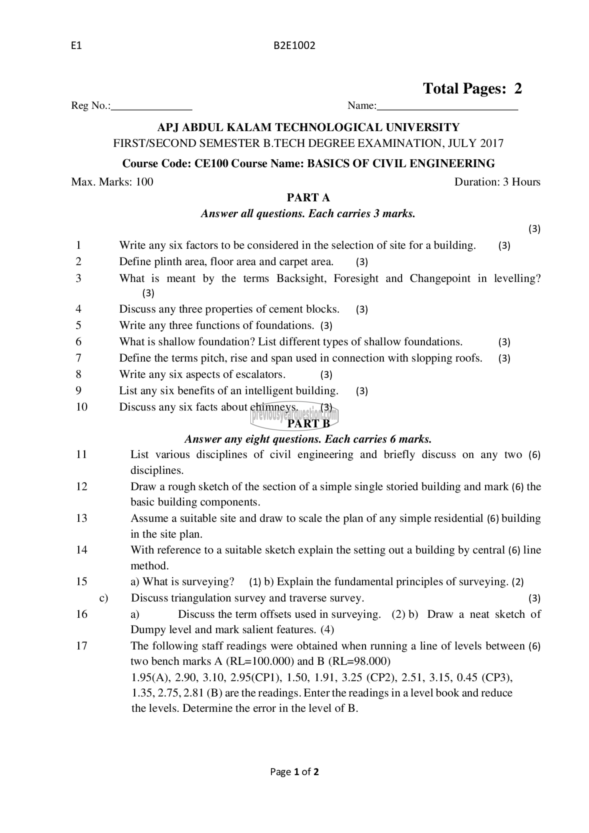 Question Paper - BASICS OF CIVIL ENGINEERING-1