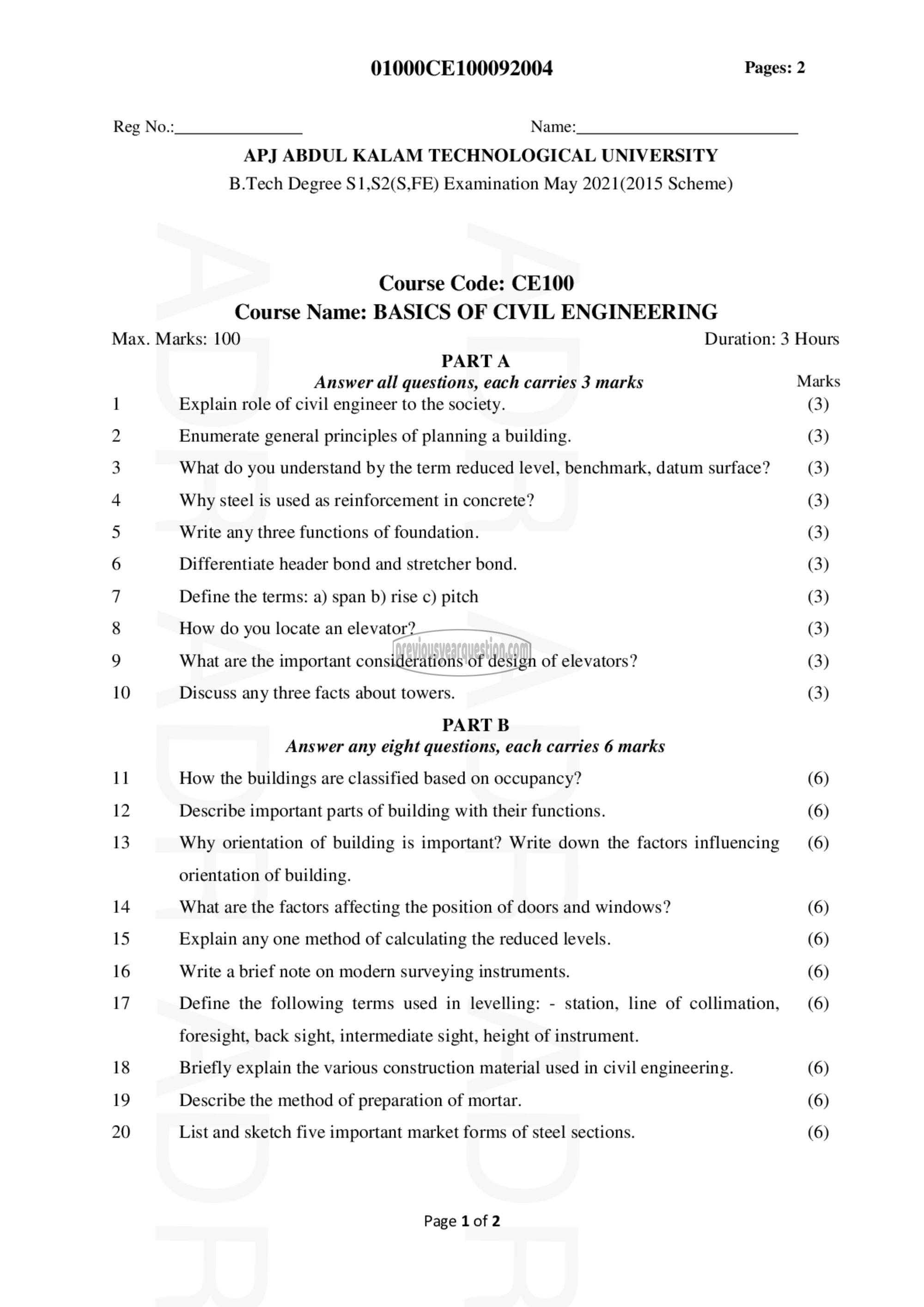 Question Paper - BASICS OF CIVIL ENGINEERING-1
