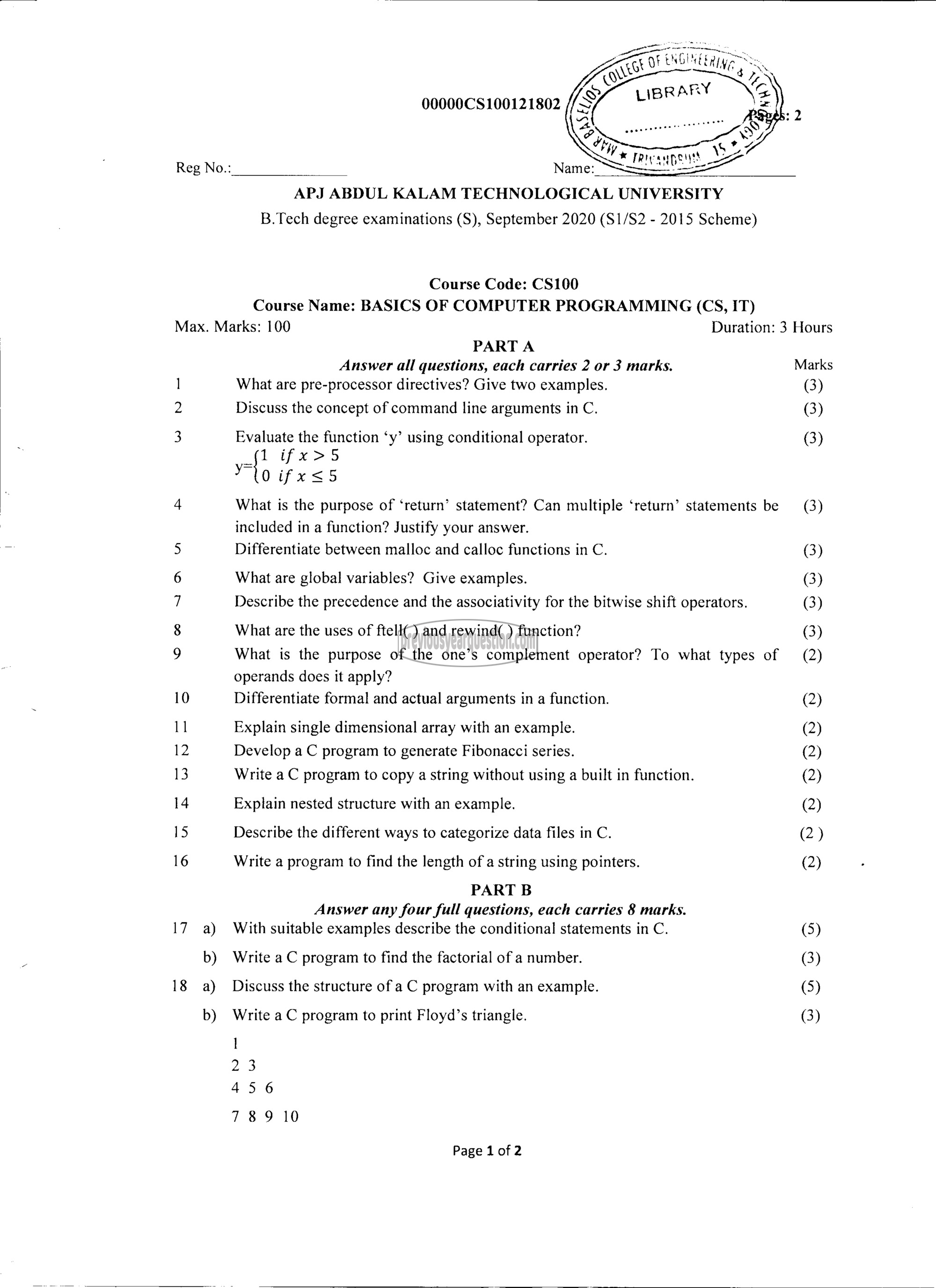 Question Paper - Computer Programming-1
