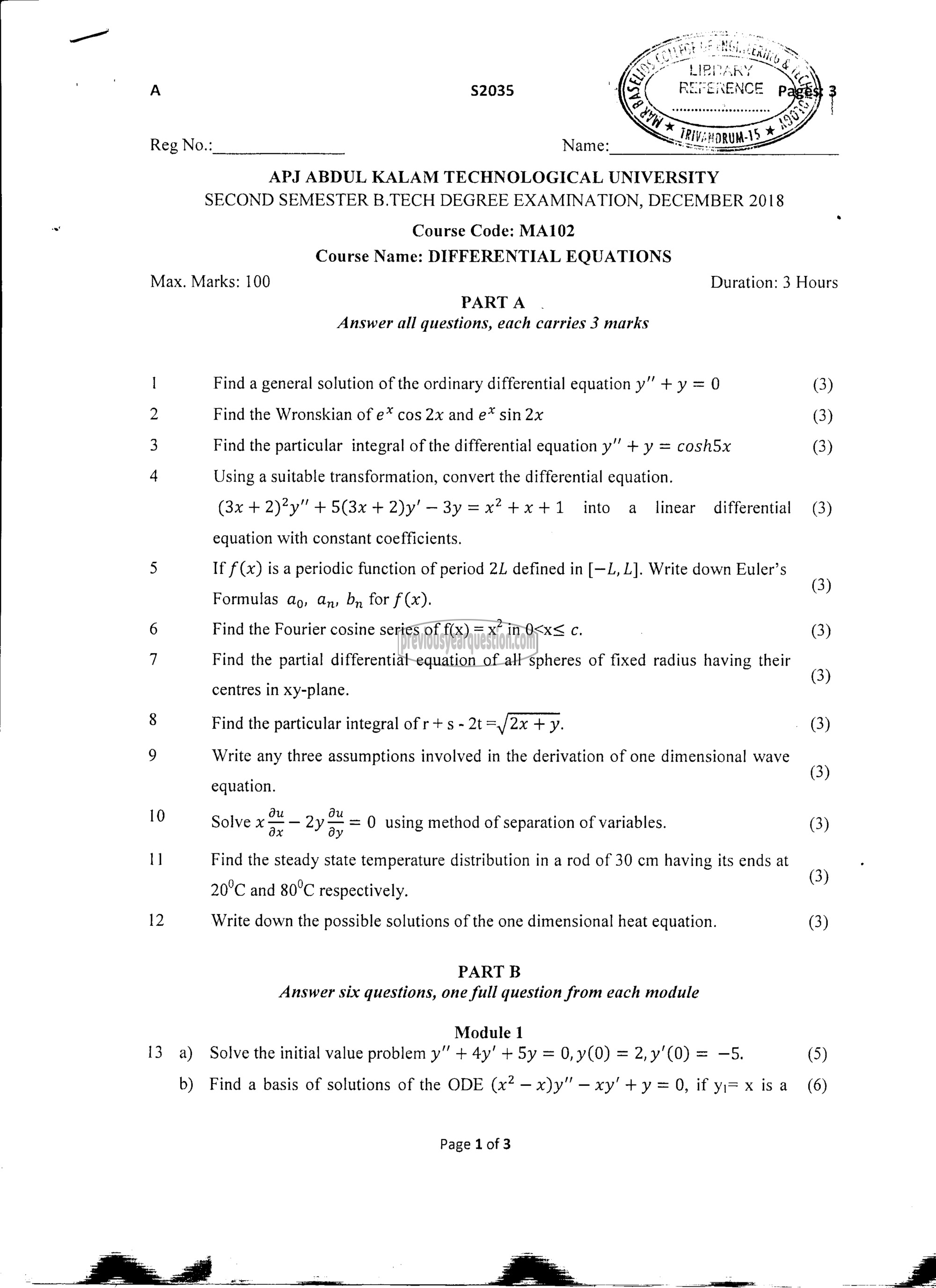 Question Paper - DIFFERENTIAL EQUATIONS-1