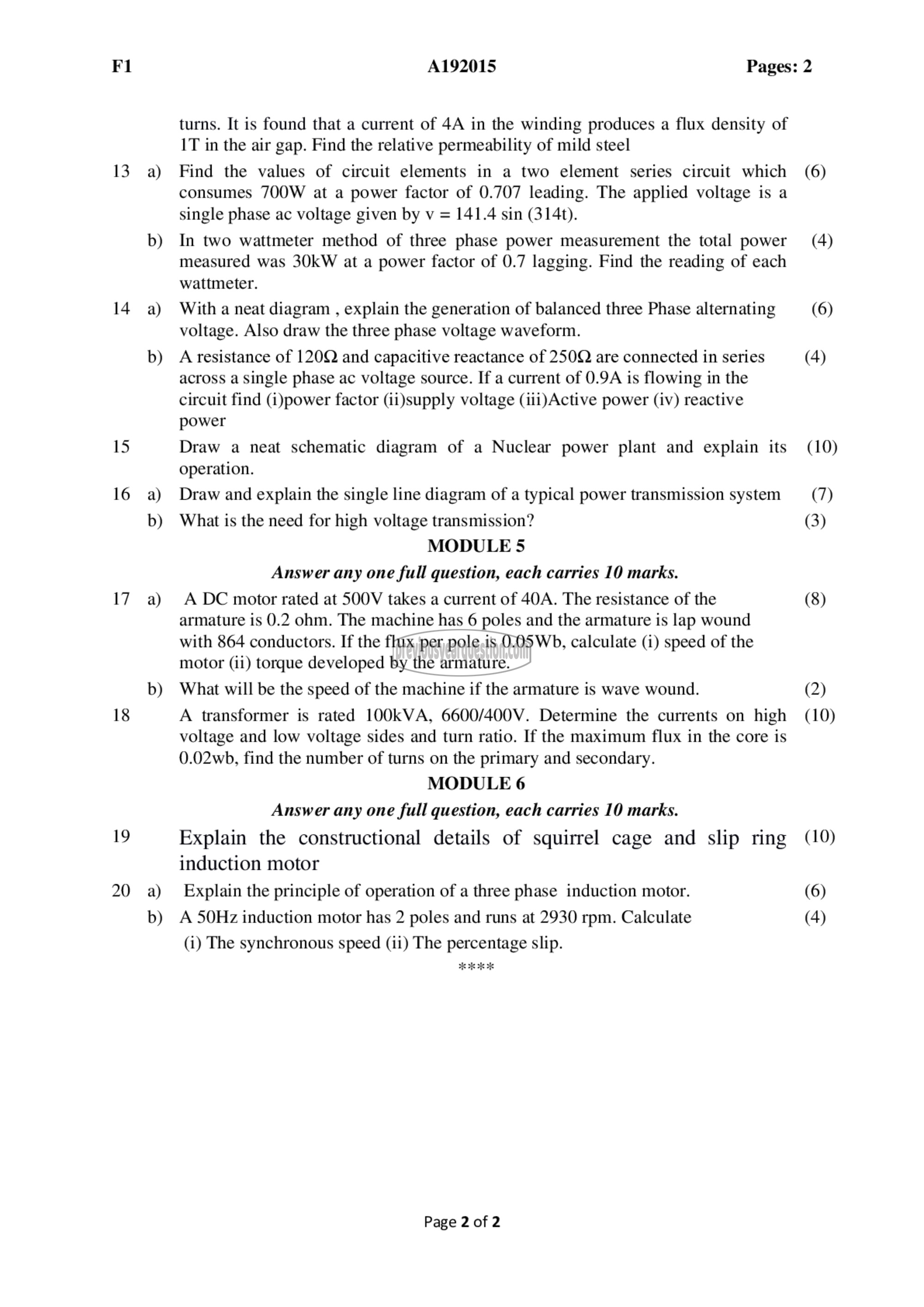 Question Paper - BASICS OF ELECTRICAL ENGINEERING-2