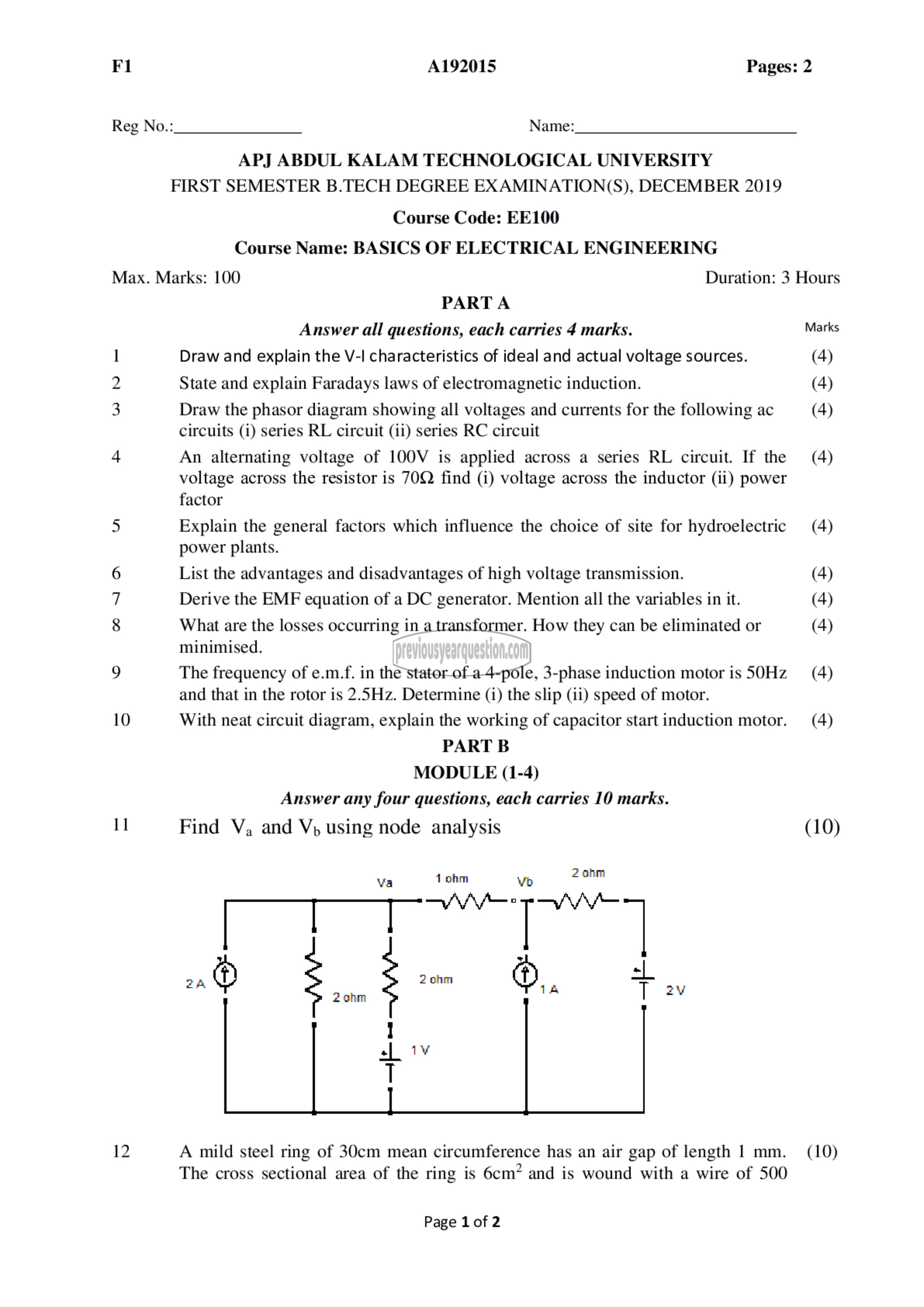 Question Paper - BASICS OF ELECTRICAL ENGINEERING-1