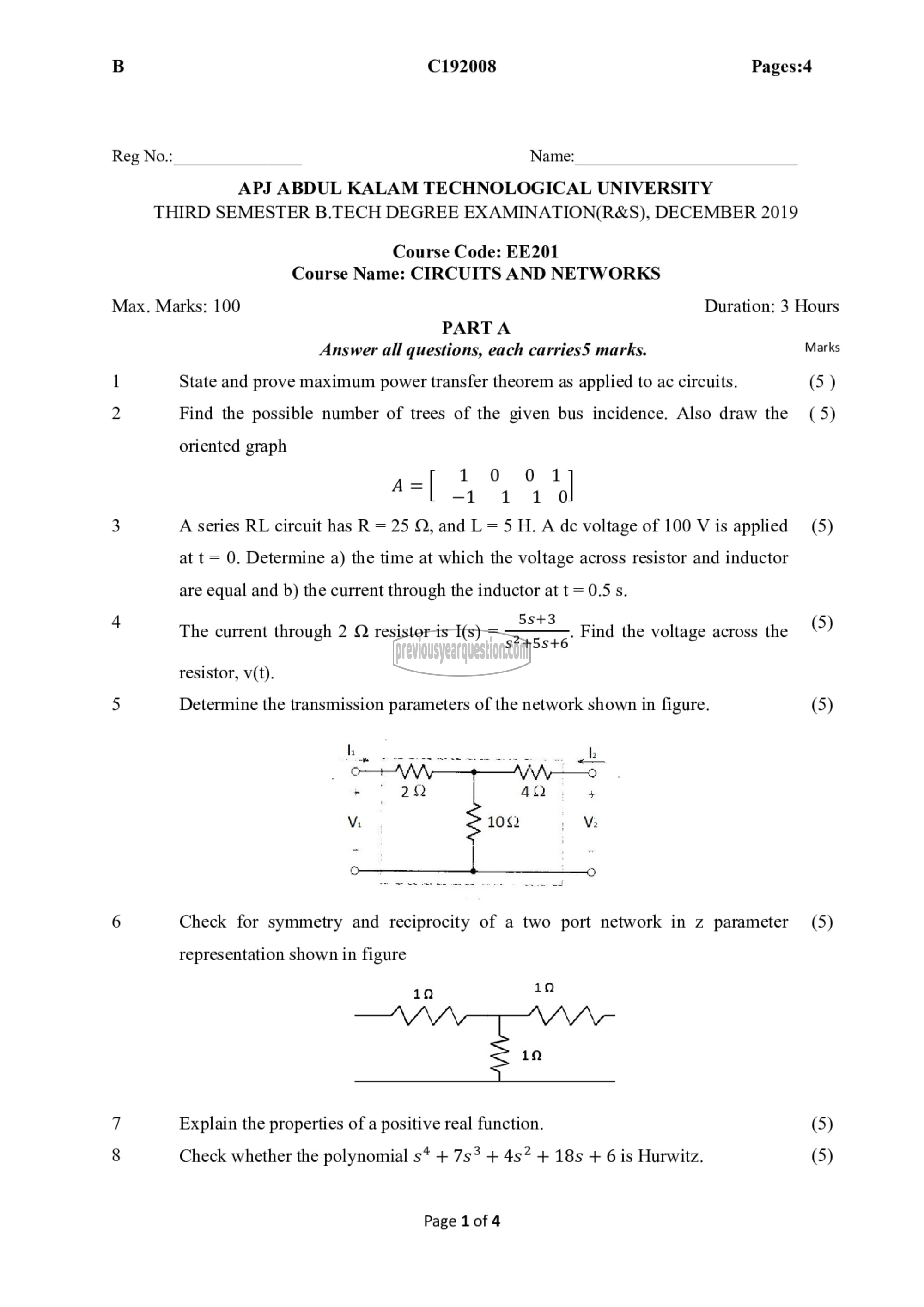 Question Paper - Circuits and, Networks-1