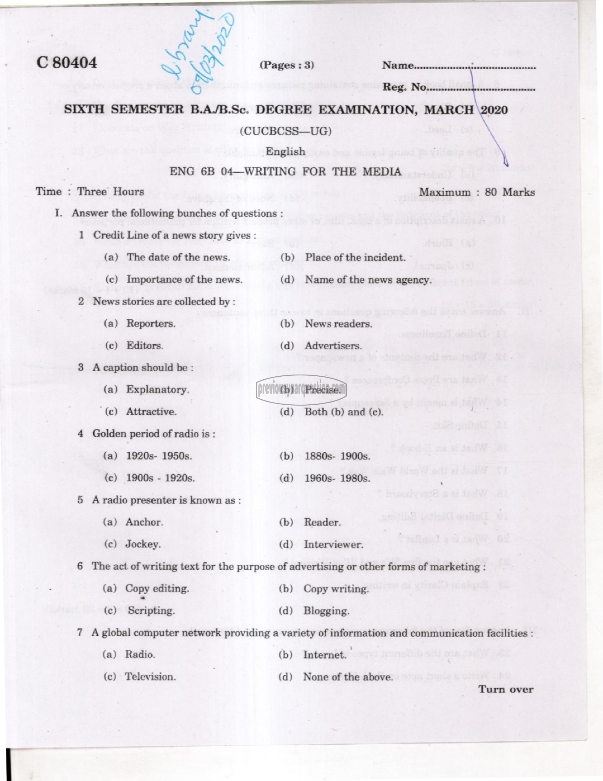Question Paper - Writing for the Media-1