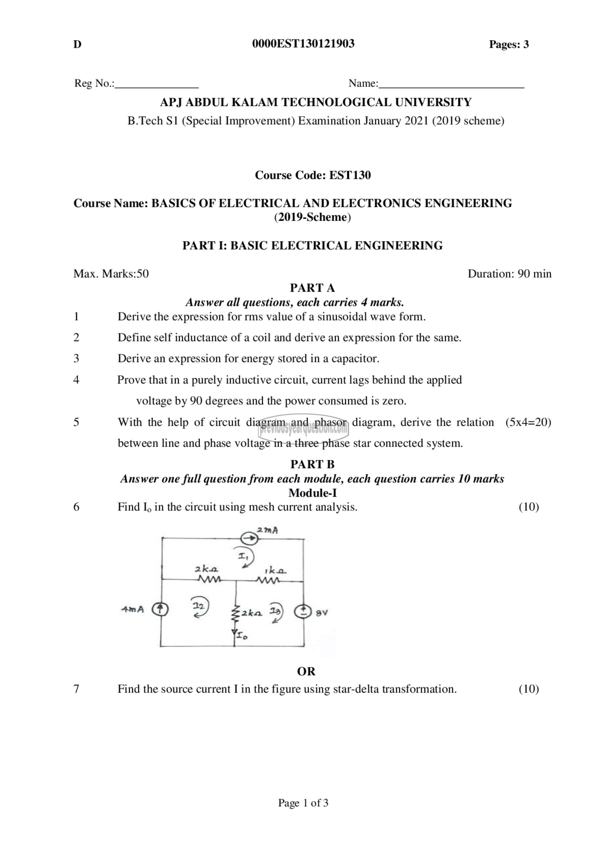 Question Paper - BASICS OF ELECTRICAL & ELECTRONICS ENGINEERING-1