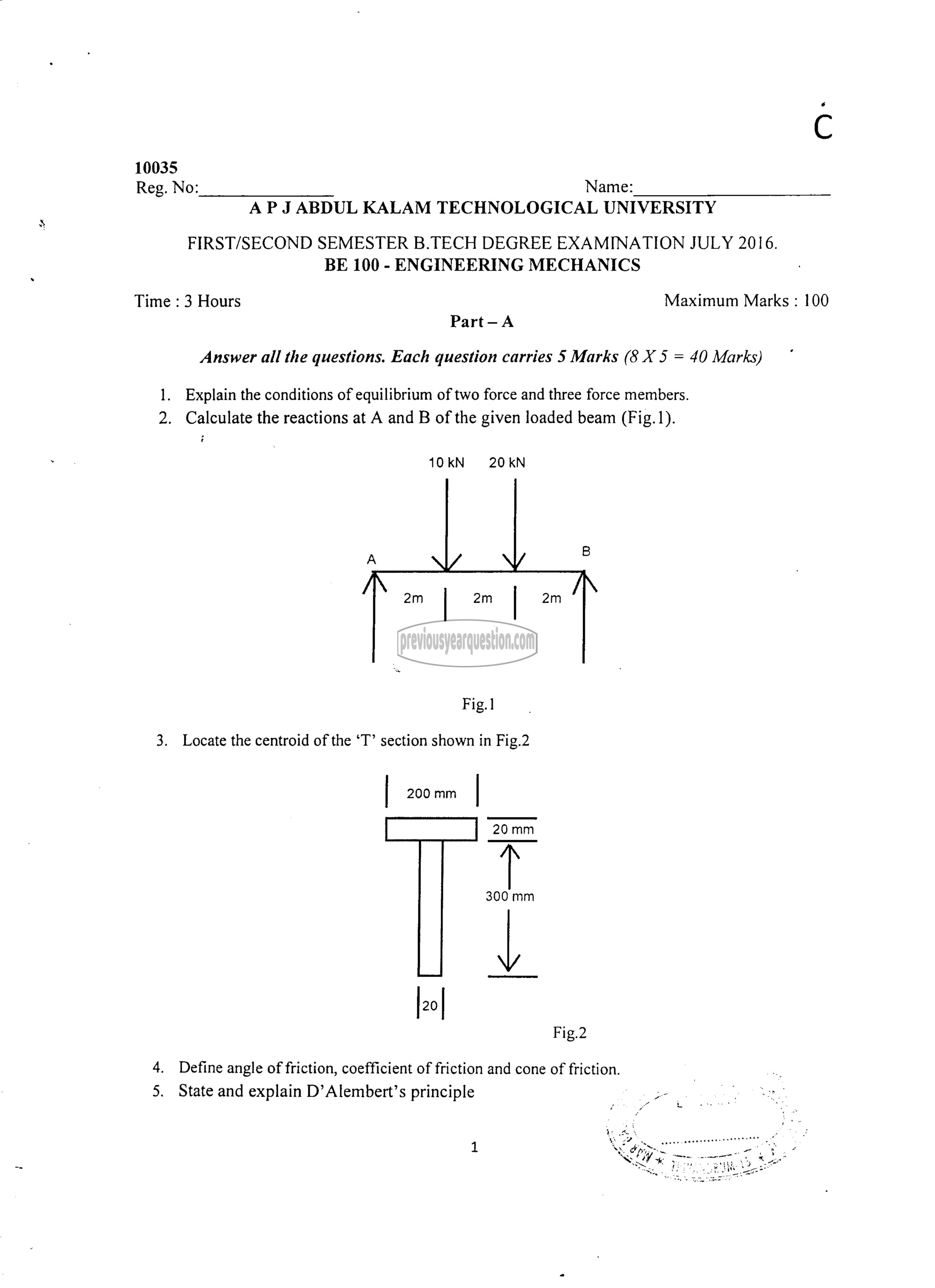 Question Paper - ENGINEERING MECHANICS-1