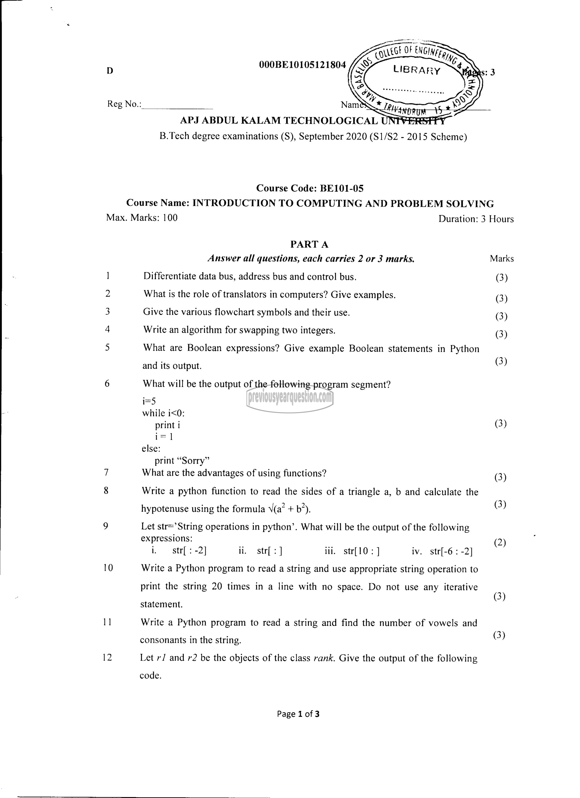 Question Paper - INTRODUCTION TO COMPUTING AND PROBLEM SOLVING-1