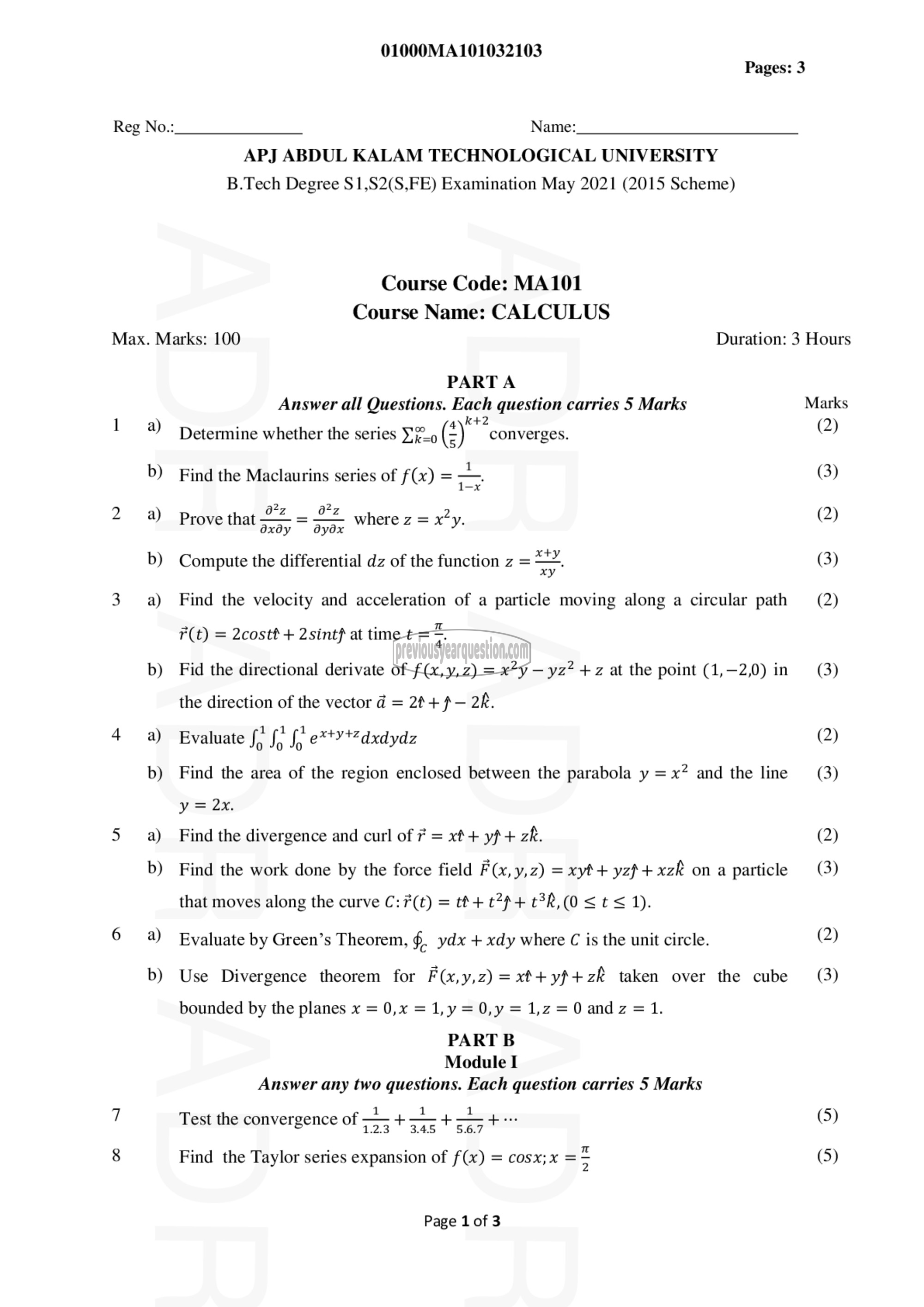 Question Paper - CALCULUS-1