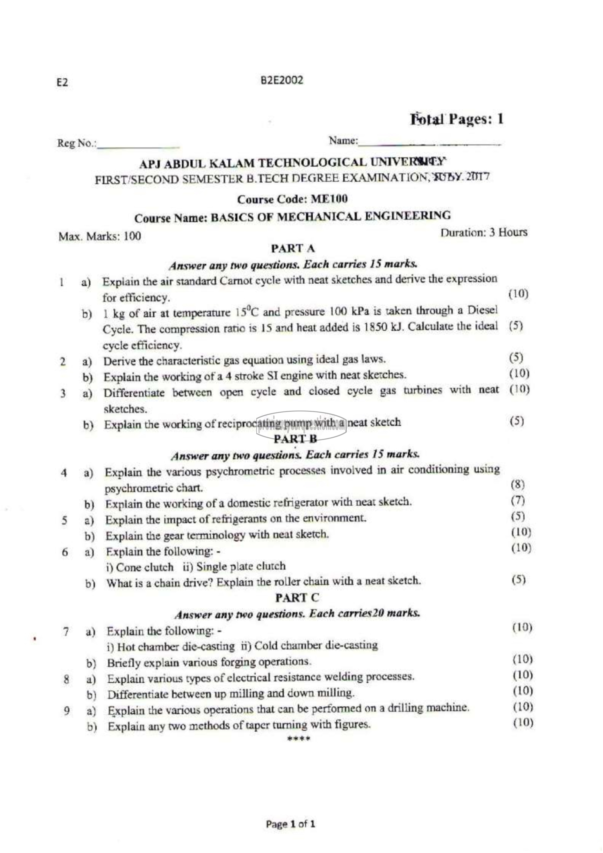 Question Paper - BASICS OF MECHANICAL ENGINEERING-1