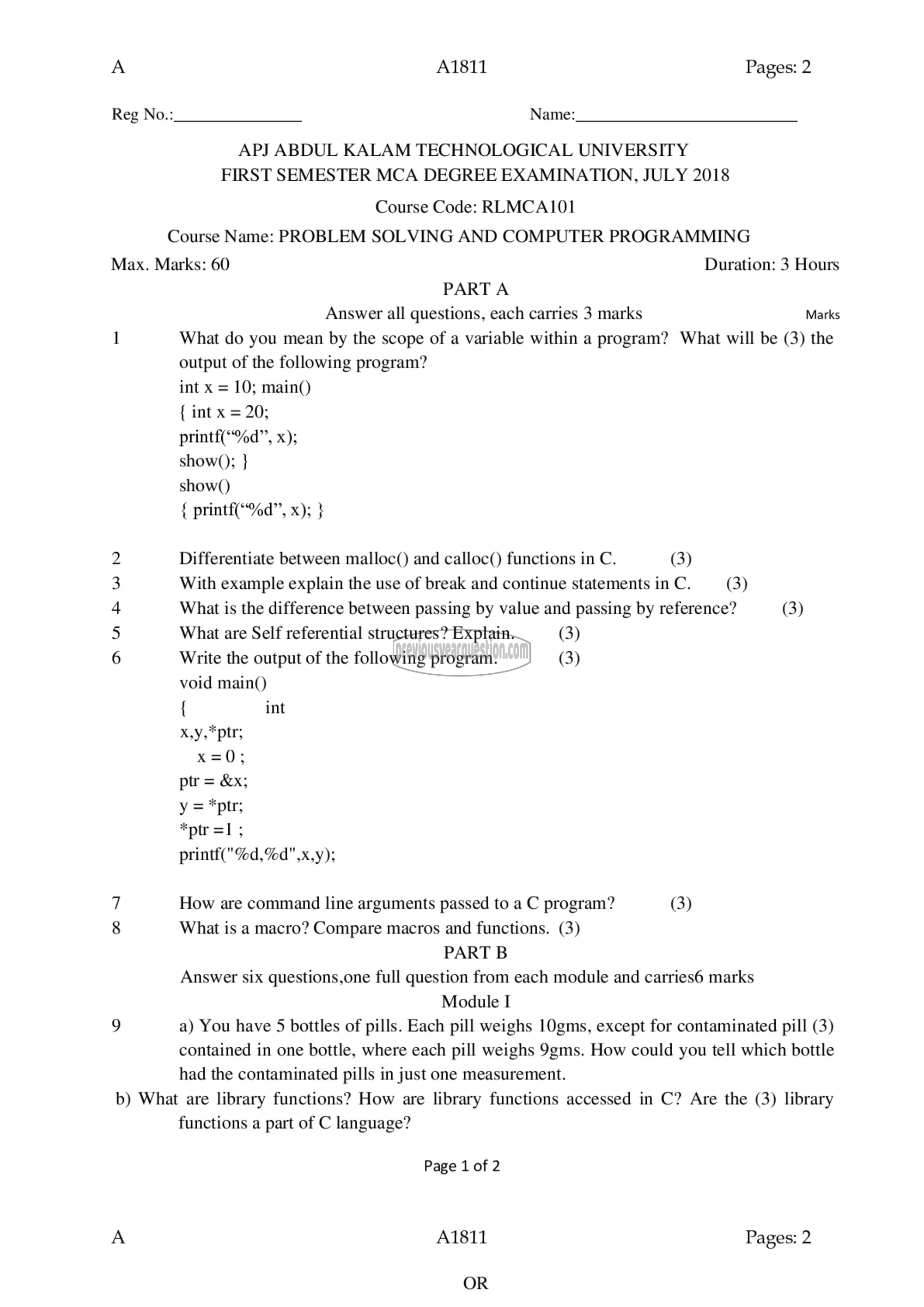 Question Paper - Problem Solving and Computer Programming-1